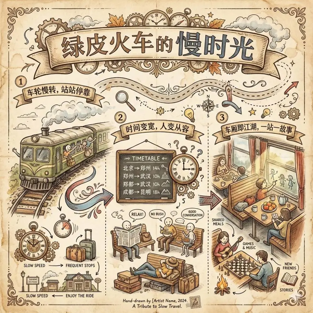 复古手绘风绿皮火车介绍